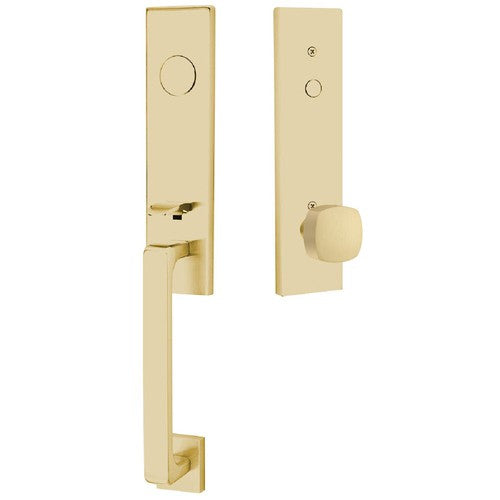 Emtek Davos Tubular Entrance Handleset With Freestone Square Knob in Satin Brass finish