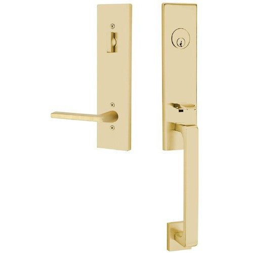 Emtek Davos Tubular Entrance Handleset With Helios Lever in Satin Brass finish