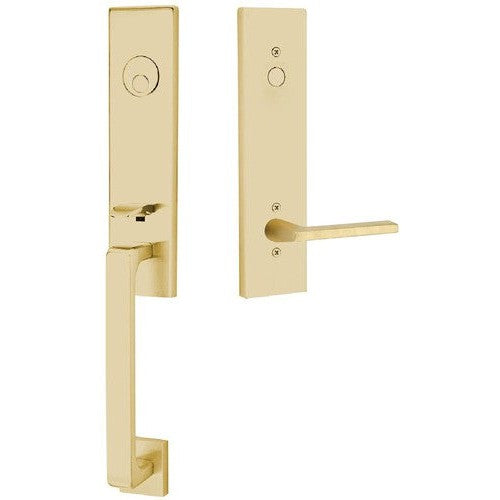 Emtek Davos Tubular Entrance Handleset With Helios Lever in Satin Brass finish