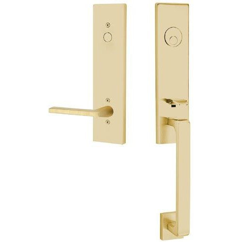 Emtek Davos Tubular Entrance Handleset With Helios Lever in Satin Brass finish