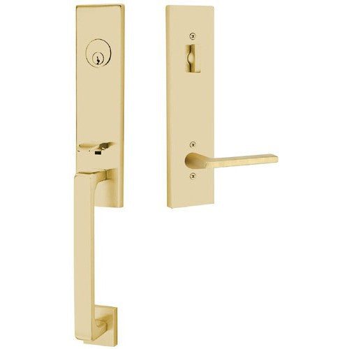 Emtek Davos Tubular Entrance Handleset With Helios Lever in Satin Brass finish