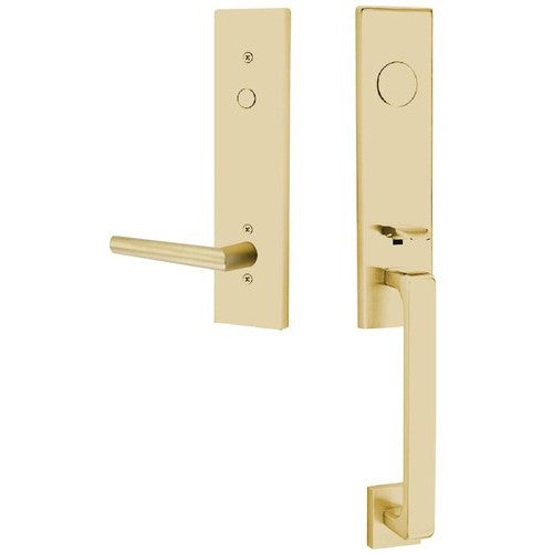 Emtek Davos Tubular Entrance Handleset With Stuttgart Lever in Satin Brass finish