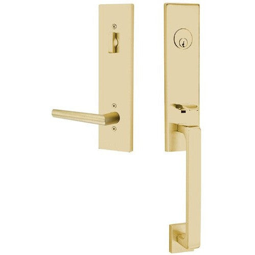 Emtek Davos Tubular Entrance Handleset With Stuttgart Lever in Satin Brass finish