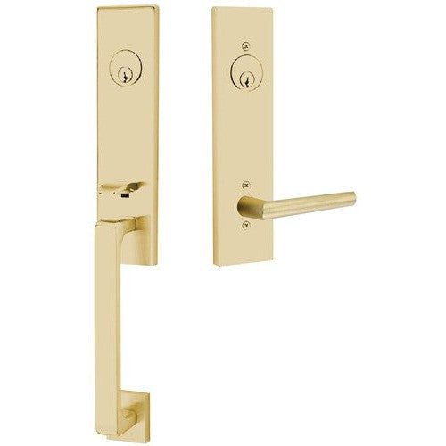 Emtek Davos Tubular Entrance Handleset With Stuttgart Lever in Satin Brass finish