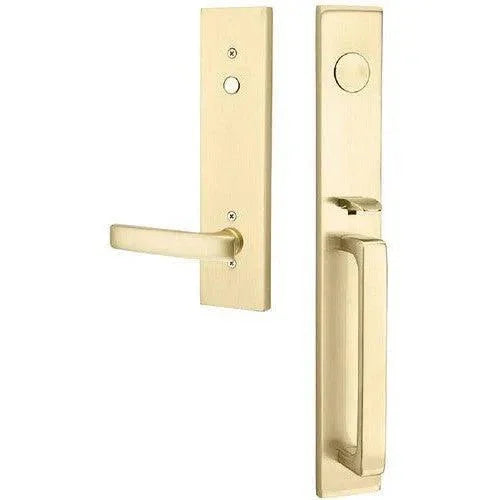 Emtek Dummy Lausanne Tubular Entrance Handleset with Geneva Lever in Satin Brass finish