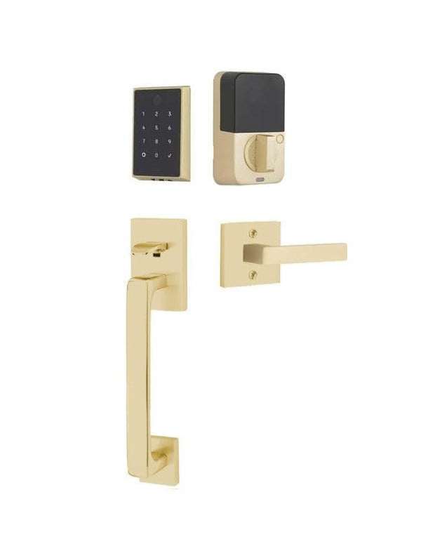 The Emtek EMPowered 2 Touch Entry Set with Baden Grip and Interior Dumont Lever in Satin Brass finish.