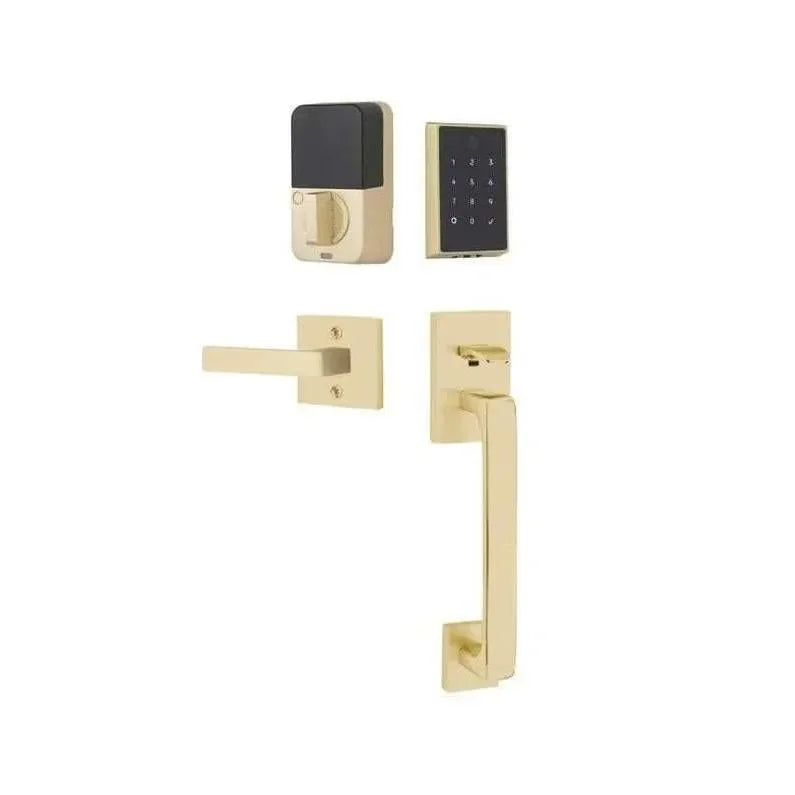 The Emtek EMPowered 2 Touch Entry Set with Baden Grip and Interior Dumont Lever in Satin Brass finish.