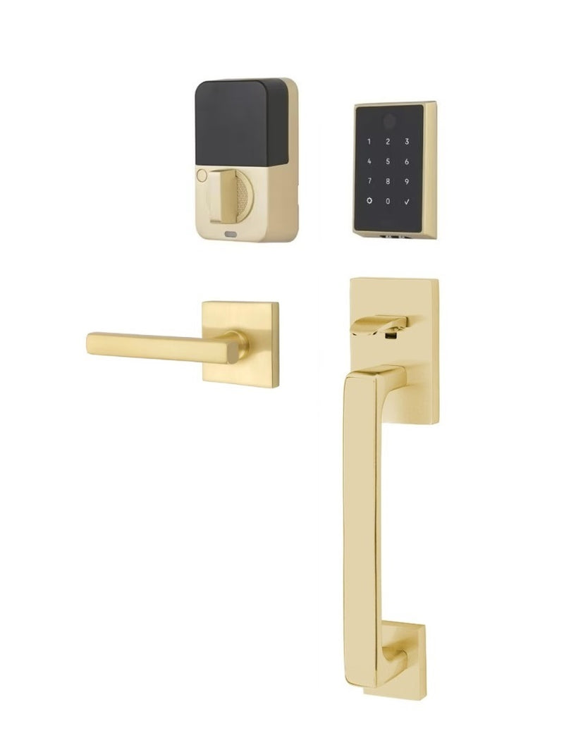 The Emtek EMPowered 2 Touch Entry Set with Baden Grip and Interior Freestone Lever in Satin Brass finish.