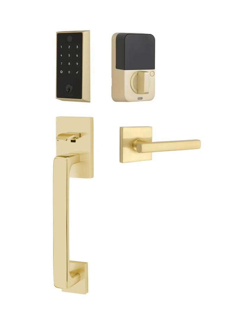 The Emtek EMPowered 2 Touch Entry Set with Baden Grip and Interior Freestone Lever in Satin Brass finish.