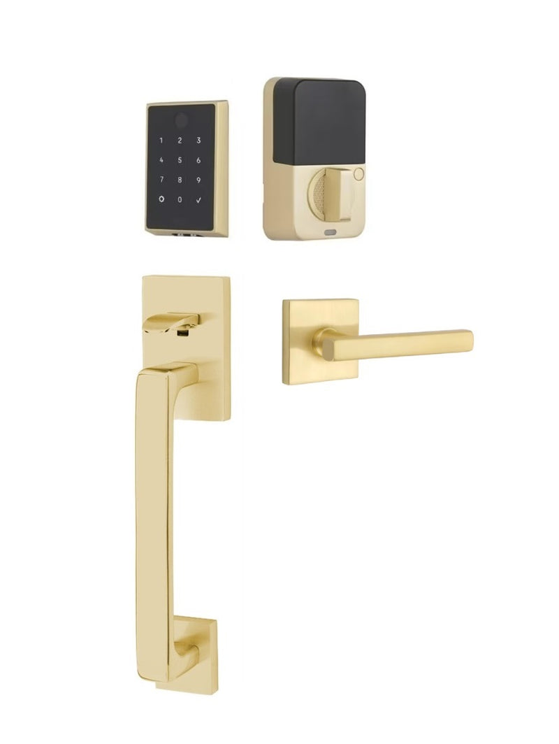 The Emtek EMPowered 2 Touch Entry Set with Baden Grip and Interior Freestone Lever in Satin Brass finish.