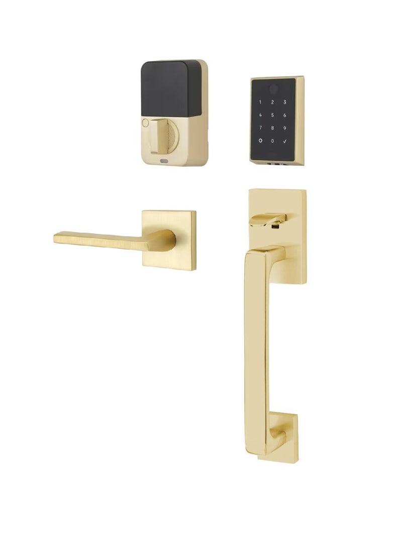 The Emtek EMPowered 2 Touch Entry Set with Baden Grip and Interior Helios Lever in Satin Brass finish.