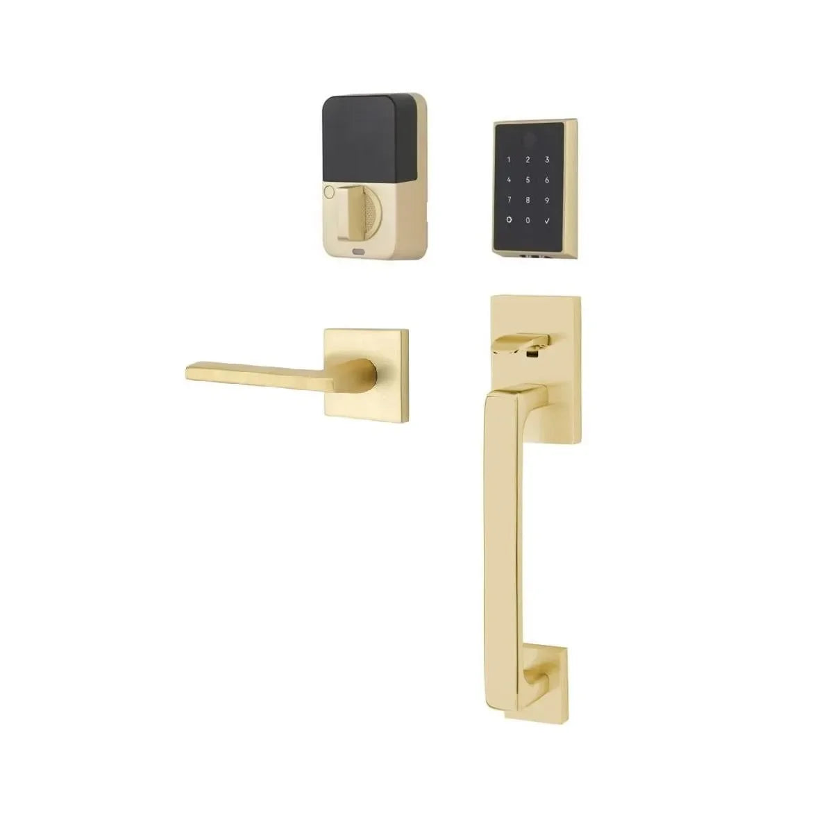 The Emtek EMPowered 2 Touch Entry Set with Baden Grip and Interior Helios Lever in Satin Brass finish.