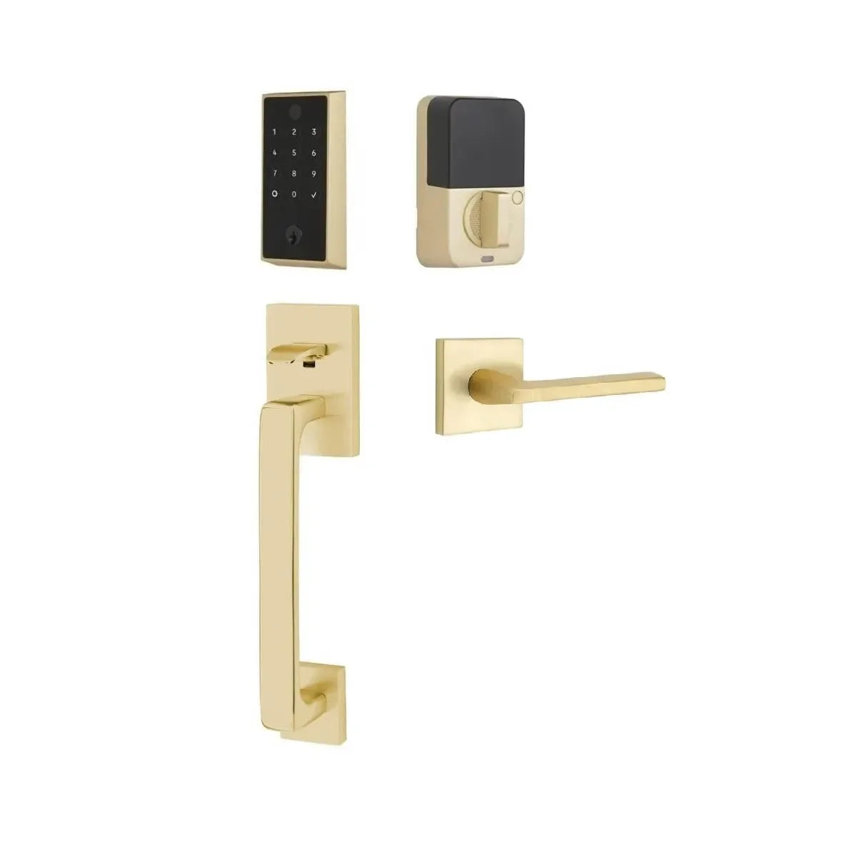 The Emtek EMPowered 2 Touch Entry Set with Baden Grip and Interior Helios Lever in Satin Brass finish.