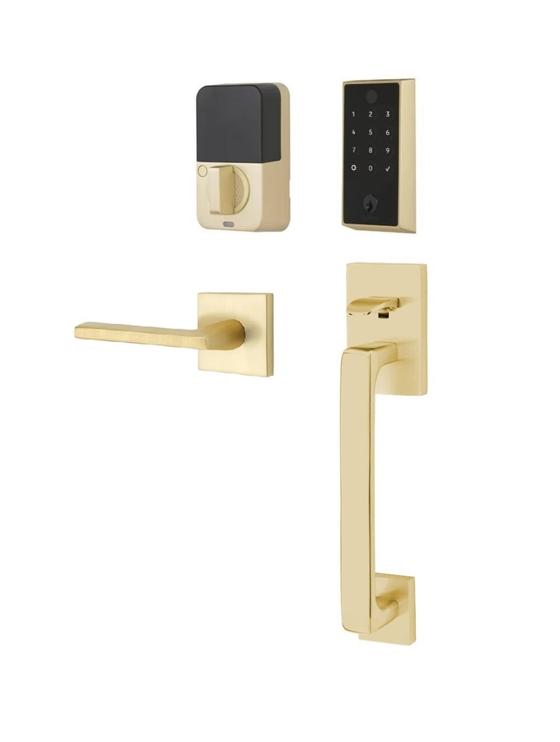 The Emtek EMPowered 2 Touch Entry Set with Baden Grip and Interior Helios Lever in Satin Brass finish.