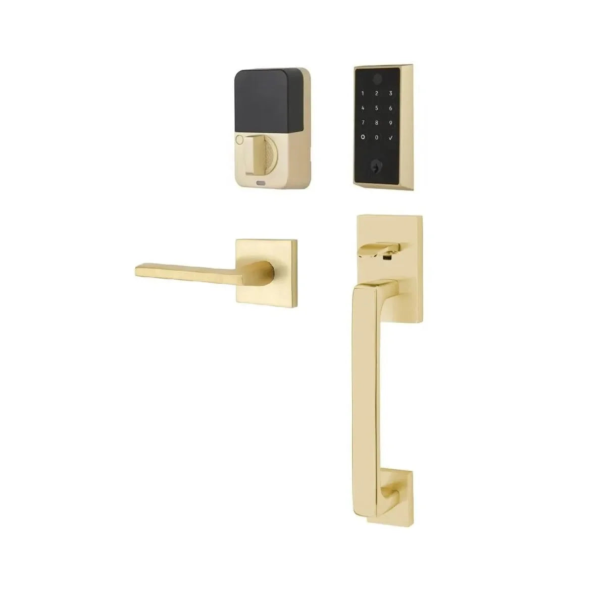 The Emtek EMPowered 2 Touch Entry Set with Baden Grip and Interior Helios Lever in Satin Brass finish.