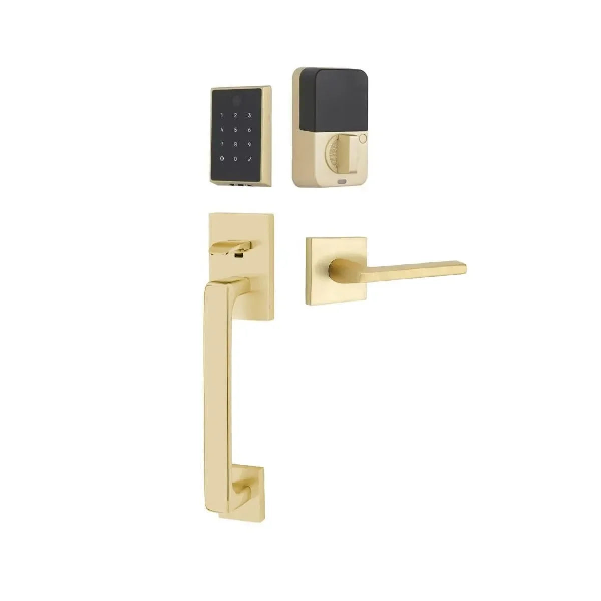 The Emtek EMPowered 2 Touch Entry Set with Baden Grip and Interior Helios Lever in Satin Brass finish.