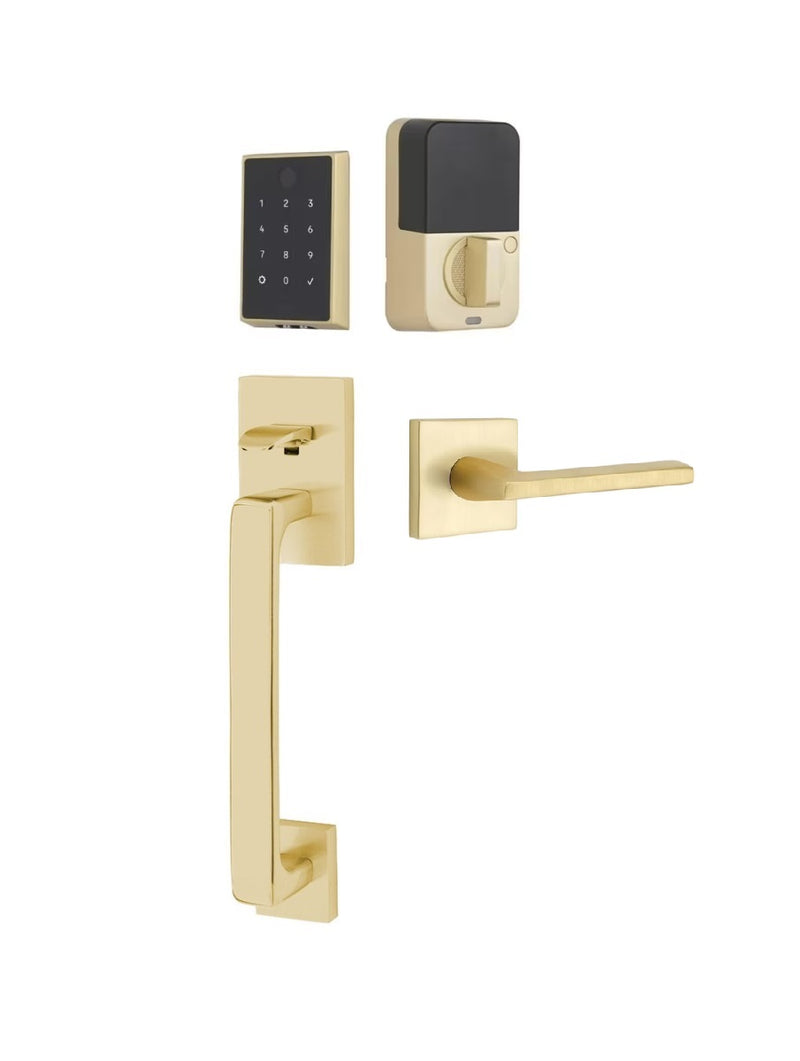 The Emtek EMPowered 2 Touch Entry Set with Baden Grip and Interior Helios Lever in Satin Brass finish.