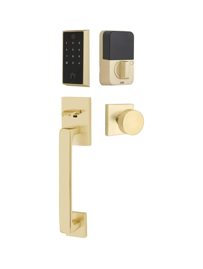 The Emtek EMPowered 2 Touch Entry Set with Baden Grip and Interior Round Knob in Satin Brass finish.