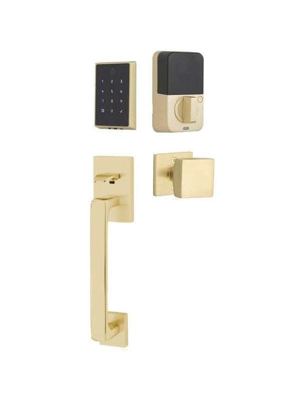 The Emtek EMPowered 2 Touch Entry Set with Baden Grip and Interior Square Knob in Satin Brass finish.