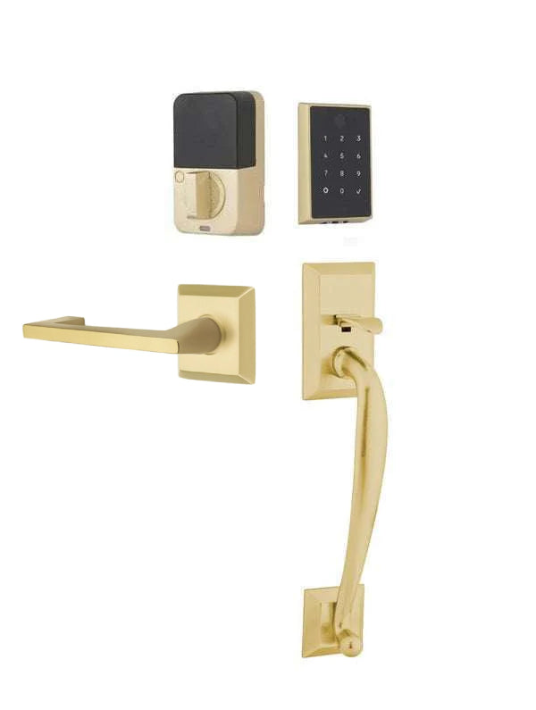 The Emtek EMPowered 2 Touch Entry Set with Franklin Grip and Interior Argos Lever in Satin Brass finish.