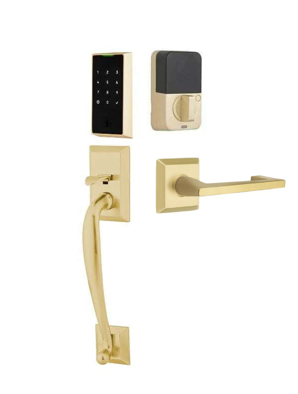 The Emtek EMPowered 2 Touch Entry Set with Franklin Grip and Interior Argos Lever in Satin Brass finish.
