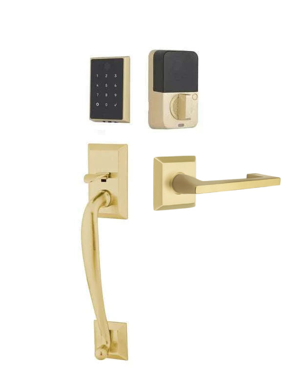 The Emtek EMPowered 2 Touch Entry Set with Franklin Grip and Interior Argos Lever in Satin Brass finish.