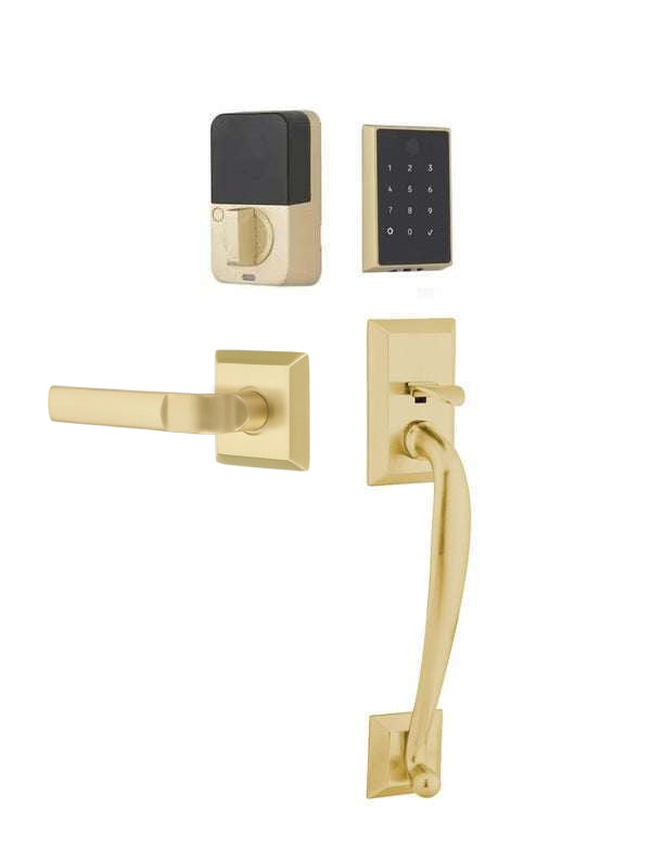 The Emtek EMPowered 2 Touch Entry Set with Franklin Grip and Interior Aston Lever in Satin Brass finish.