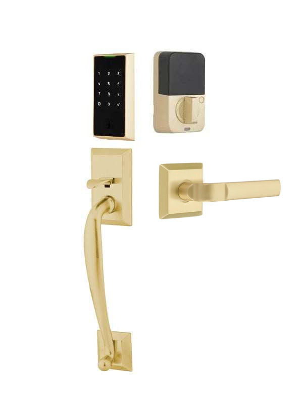 The Emtek EMPowered 2 Touch Entry Set with Franklin Grip and Interior Aston Lever in Satin Brass finish.