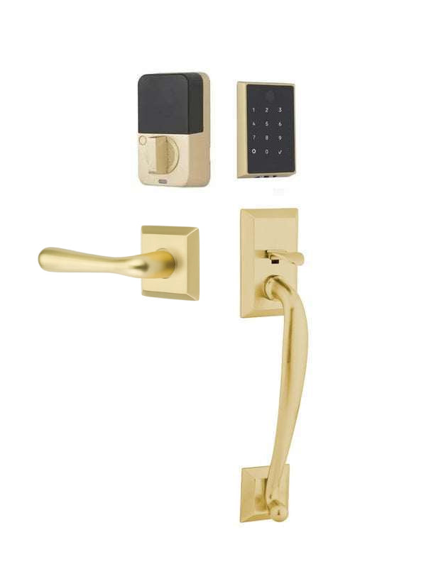 The Emtek EMPowered 2 Touch Entry Set with Franklin Grip and Interior Basel Lever in Satin Brass finish.