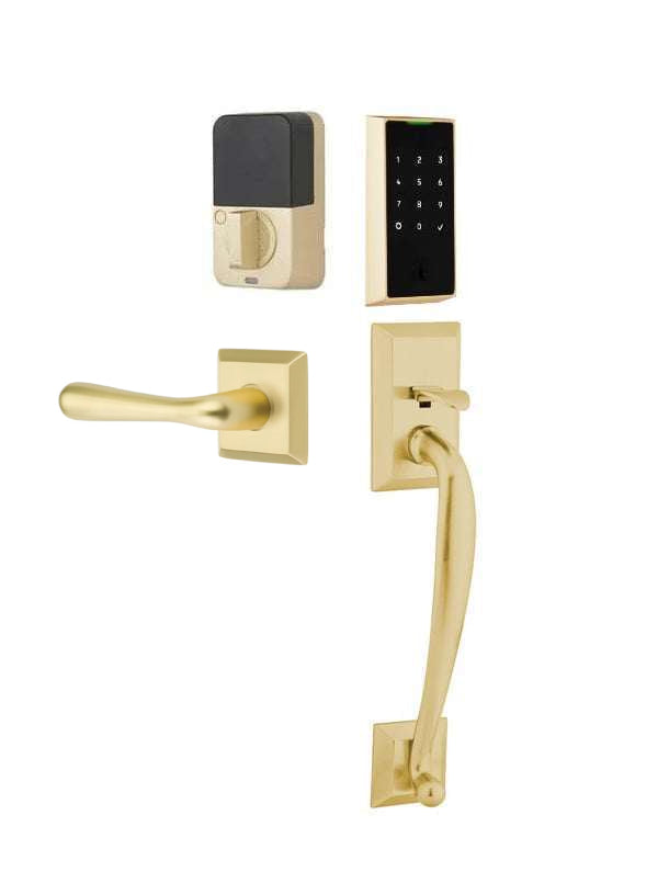 The Emtek EMPowered 2 Touch Entry Set with Franklin Grip and Interior Basel Lever in Satin Brass finish.