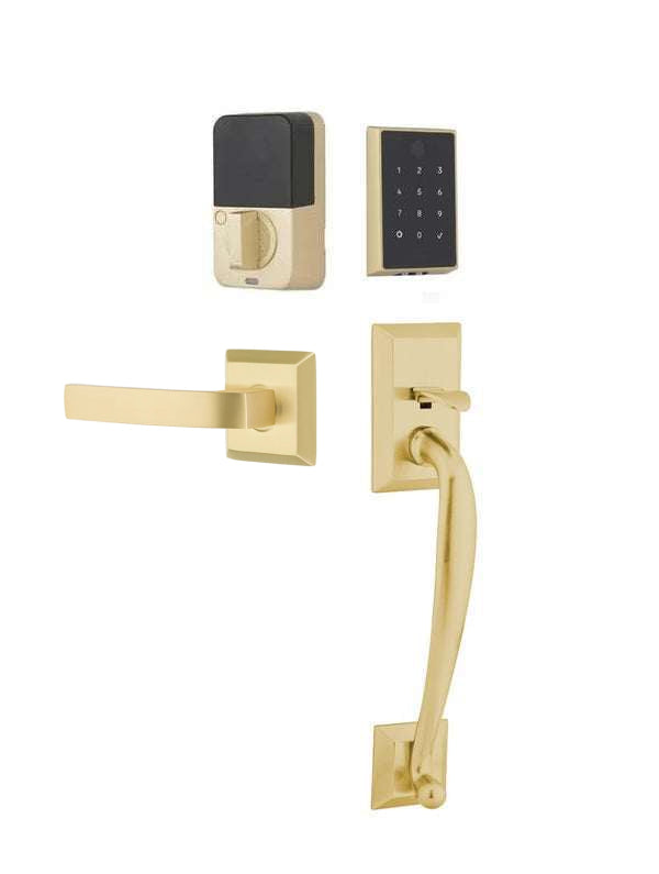 The Emtek EMPowered 2 Touch Entry Set with Franklin Grip and Interior Breslin Lever in Satin Brass finish.