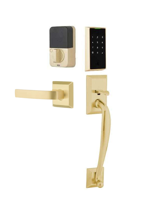 The Emtek EMPowered 2 Touch Entry Set with Franklin Grip and Interior Breslin Lever in Satin Brass finish.