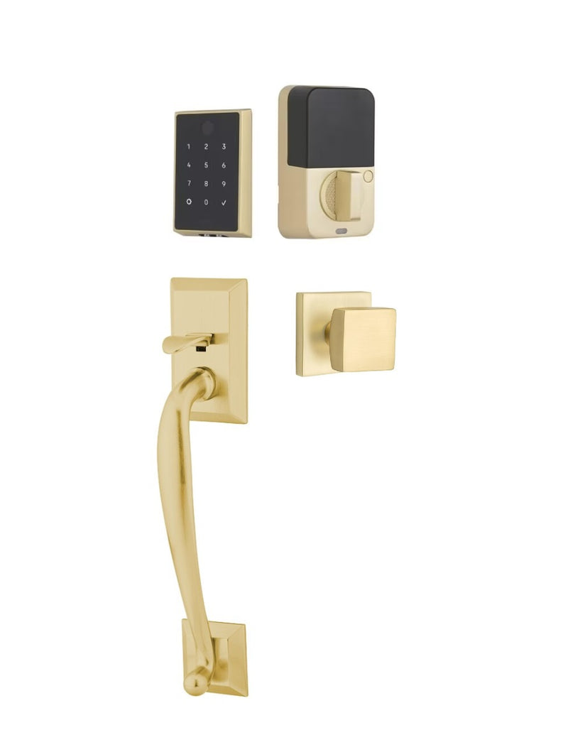 The Emtek EMPowered 2 Touch Entry Set with Franklin Grip and Interior Square Knob in Satin Brass finish.