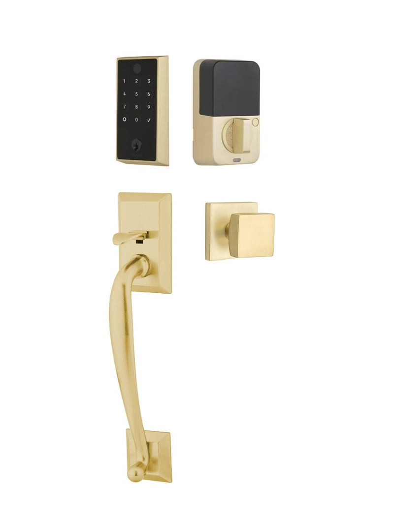 The Emtek EMPowered 2 Touch Entry Set with Franklin Grip and Interior Square Knob in Satin Brass finish.