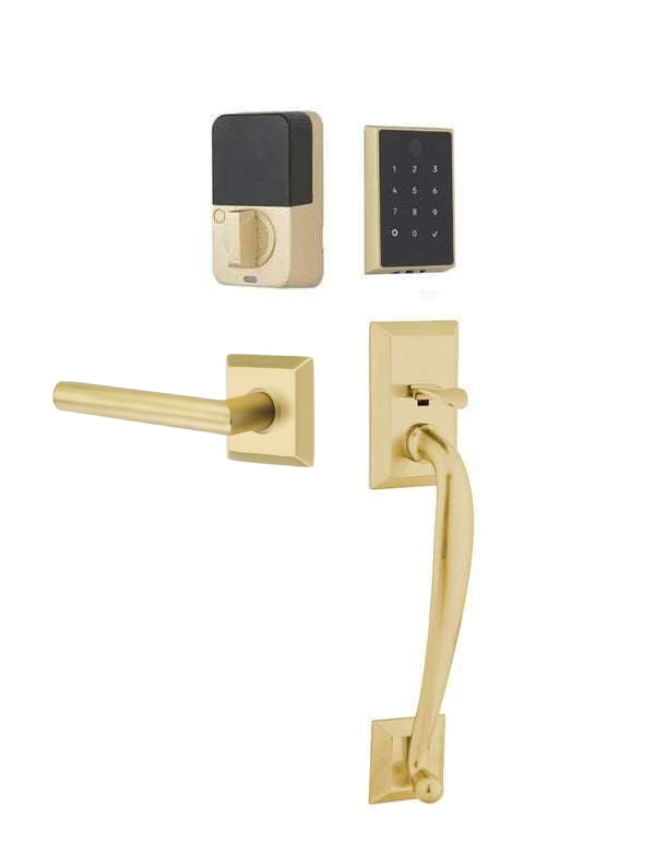 The Emtek EMPowered 2 Touch Entry Set with Franklin Grip and Interior Stuttgart Lever in Satin Brass finish.