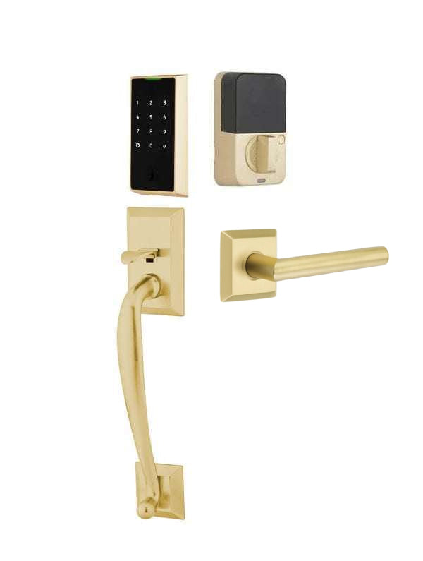 The Emtek EMPowered 2 Touch Entry Set with Franklin Grip and Interior Stuttgart Lever in Satin Brass finish.