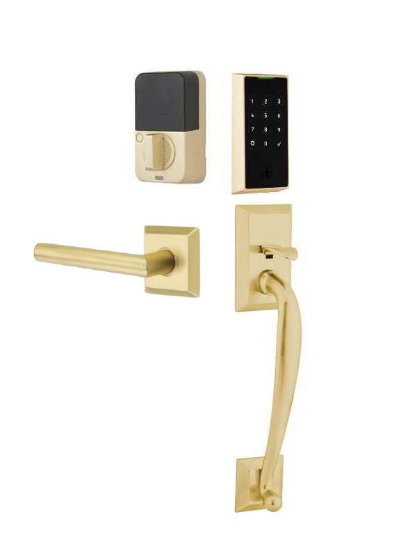 The Emtek EMPowered 2 Touch Entry Set with Franklin Grip and Interior Stuttgart Lever in Satin Brass finish.
