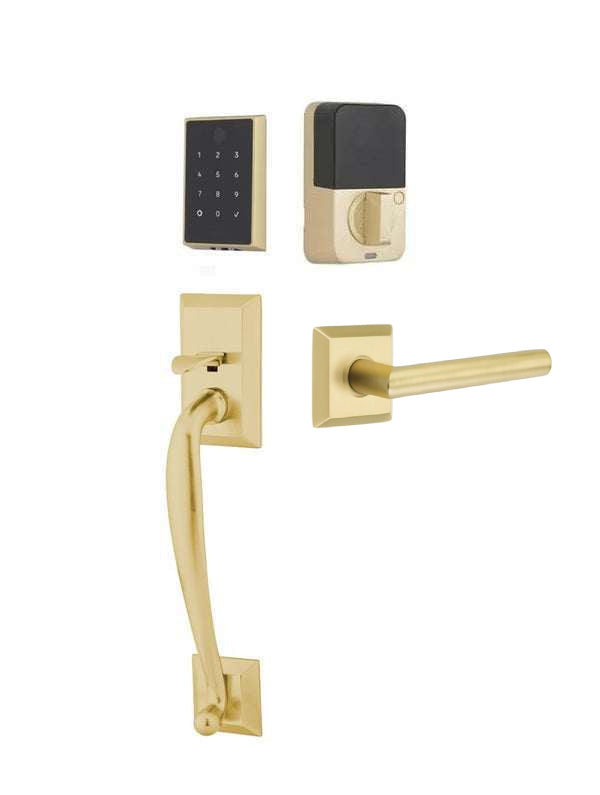 The Emtek EMPowered 2 Touch Entry Set with Franklin Grip and Interior Stuttgart Lever in Satin Brass finish.
