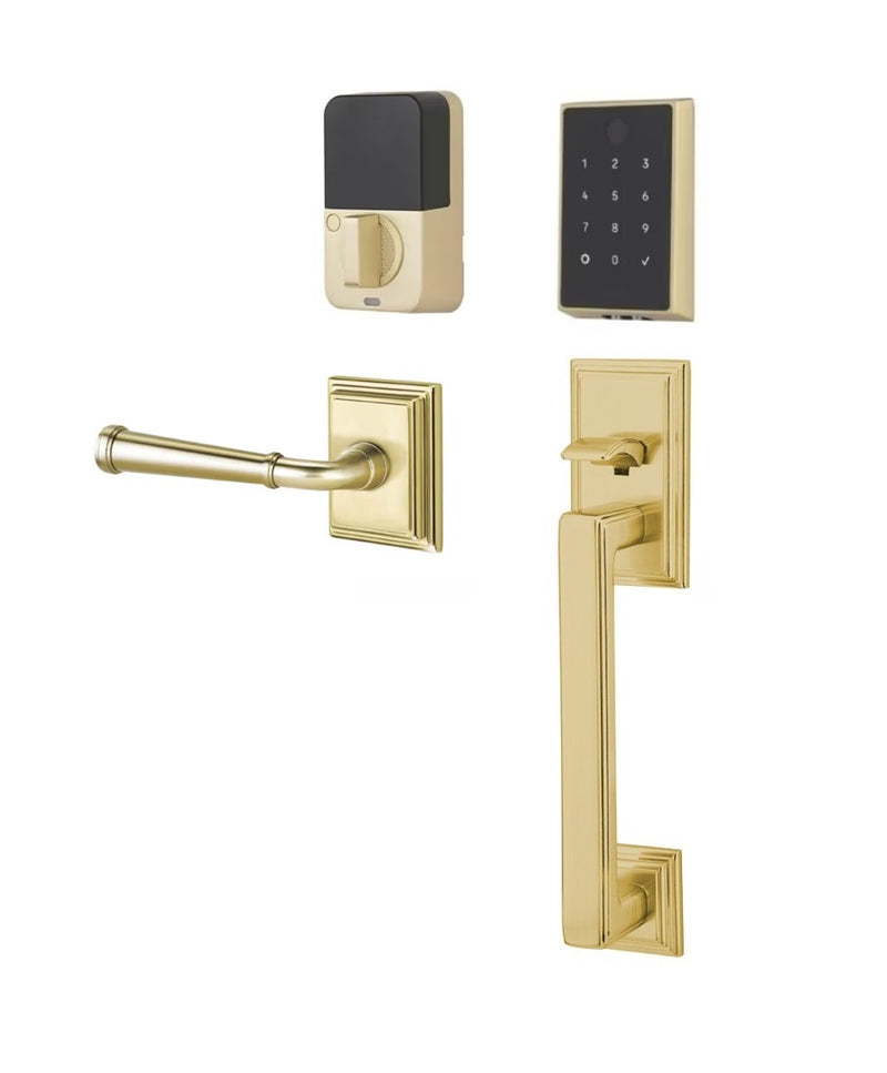 The Emtek EMPowered 2 Touch Entry Set with Hamden Grip and Interior Merrimack Lever in Satin Brass finish.