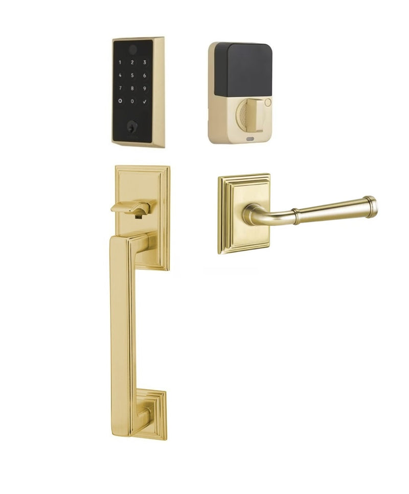 The Emtek EMPowered 2 Touch Entry Set with Hamden Grip and Interior Merrimack Lever in Satin Brass finish.