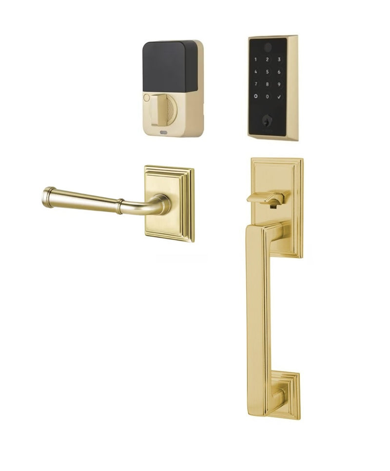 The Emtek EMPowered 2 Touch Entry Set with Hamden Grip and Interior Merrimack Lever in Satin Brass finish.