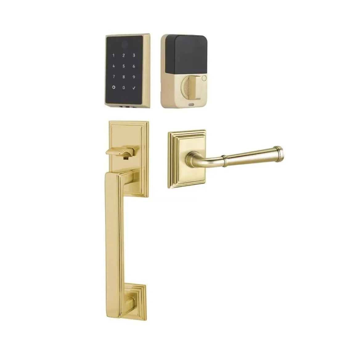 The Emtek EMPowered 2 Touch Entry Set with Hamden Grip and Interior Merrimack Lever in Satin Brass finish.
