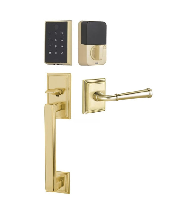 The Emtek EMPowered 2 Touch Entry Set with Hamden Grip and Interior Merrimack Lever in Satin Brass finish.