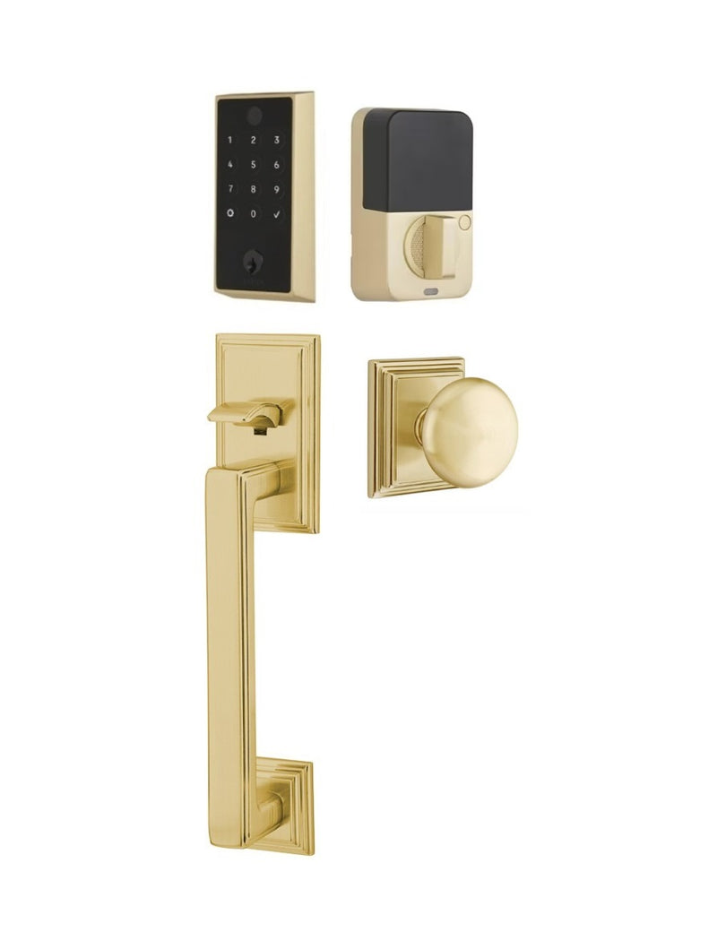 The Emtek EMPowered 2 Touch Entry Set with Hamden Grip and Interior Providence Knob in Satin Brass finish.