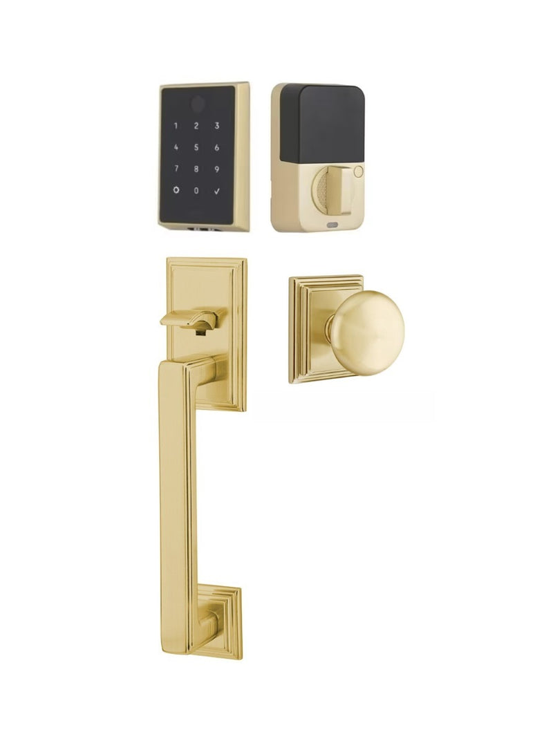 The Emtek EMPowered 2 Touch Entry Set with Hamden Grip and Interior Providence Knob in Satin Brass finish.