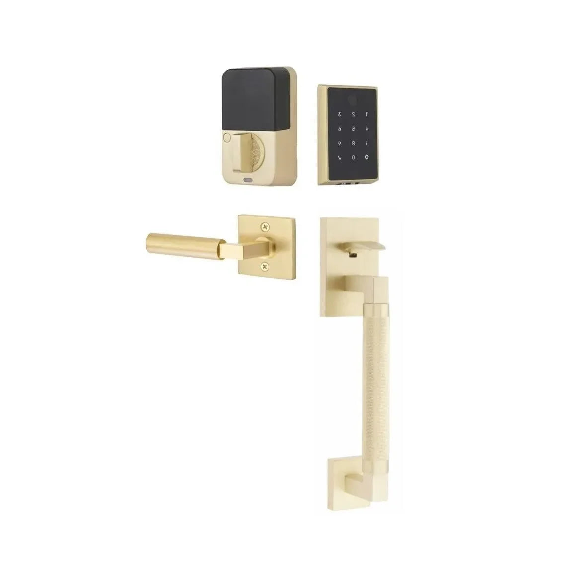 The Emtek EMPowered 2 Touch Entry Set with Hercules Knurled Grip and Interior Hercules Lever in Satin Brass finish.