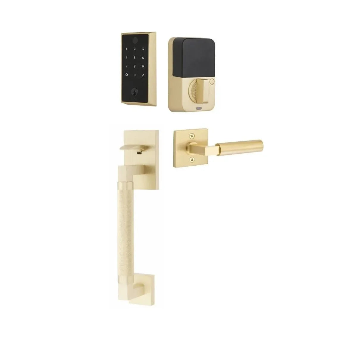 The Emtek EMPowered 2 Touch Entry Set with Hercules Knurled Grip and Interior Hercules Lever in Satin Brass finish.