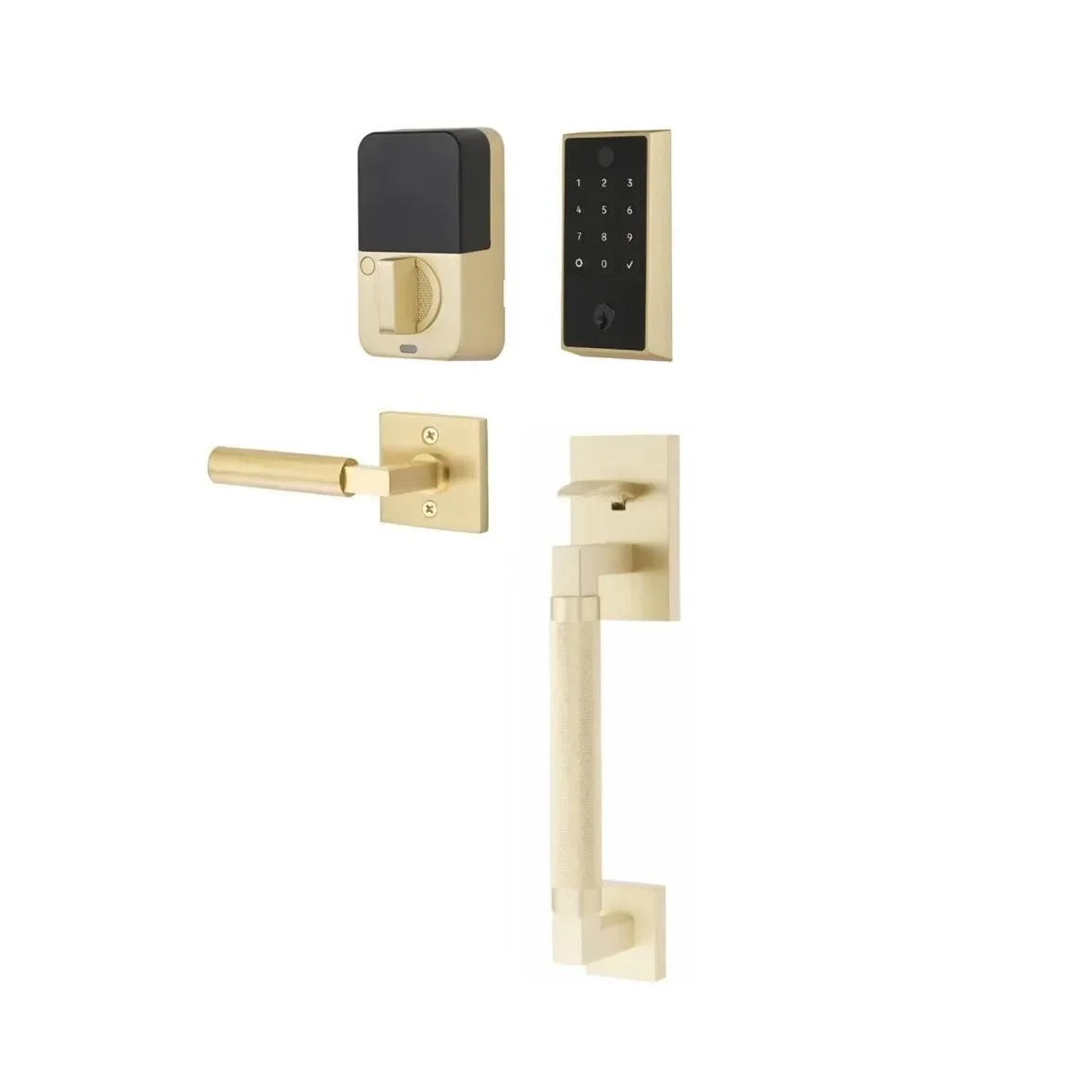 The Emtek EMPowered 2 Touch Entry Set with Hercules Knurled Grip and Interior Hercules Lever in Satin Brass finish.
