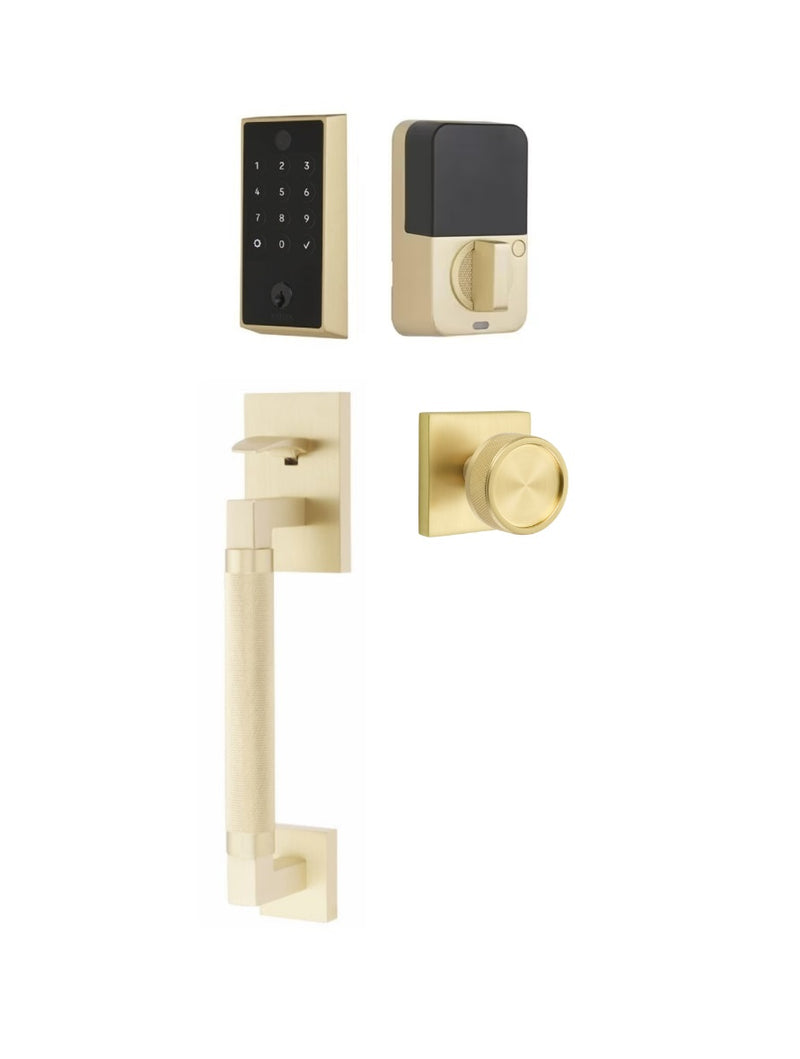 The Emtek EMPowered 2 Touch Entry Set with Hercules Knurled Grip and Interior Conical Knurled Knob in Satin Brass finish.