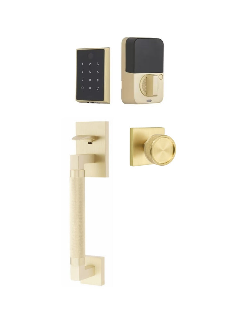 The Emtek EMPowered 2 Touch Entry Set with Hercules Knurled Grip and Interior Conical Knurled Knob in Satin Brass finish.